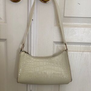 Cream Crocodile-Embossed Shoulder Bag